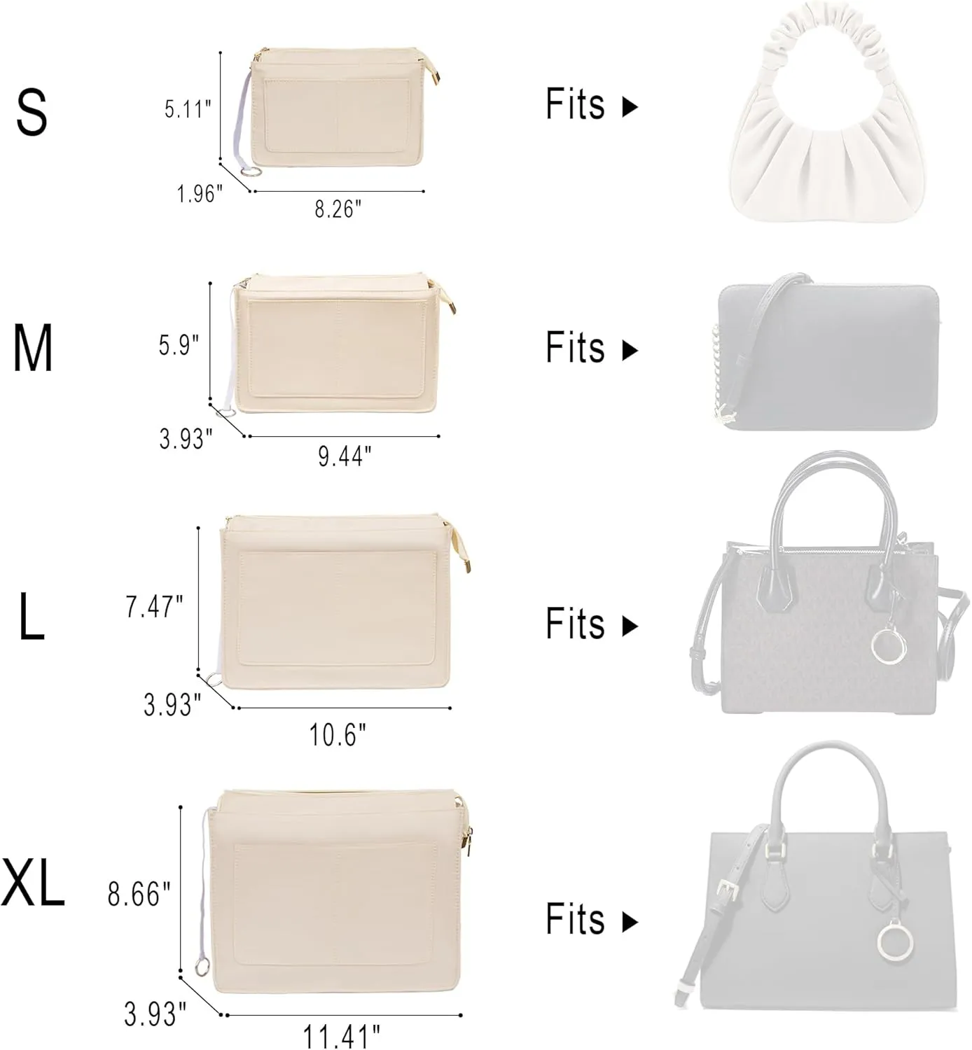 Vercord Purse Organizer Insert with Zipper for Women Hobo Handbags Shaper Insert 12 Pockets Bag Beige Small