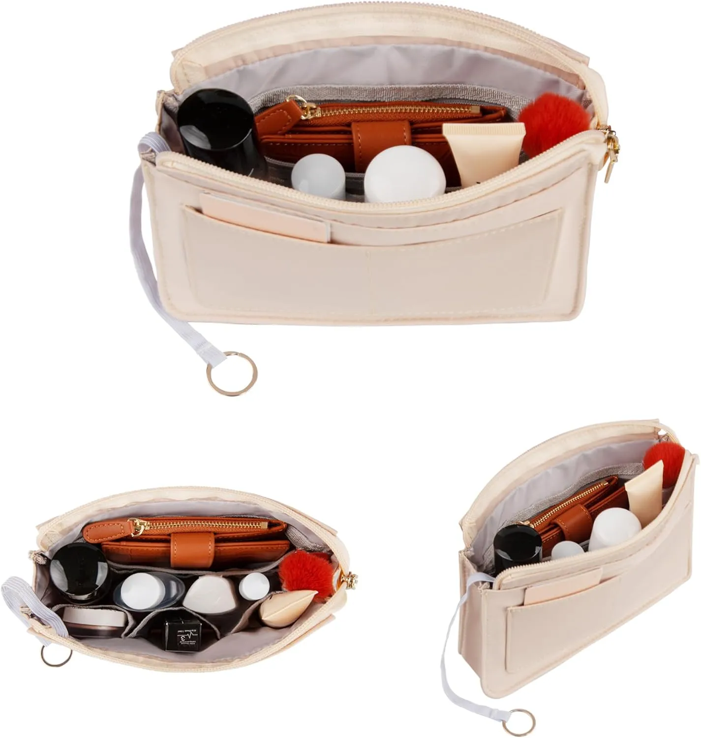 Vercord Purse Organizer Insert with Zipper for Women Hobo Handbags Shaper Insert 12 Pockets Bag Beige Small