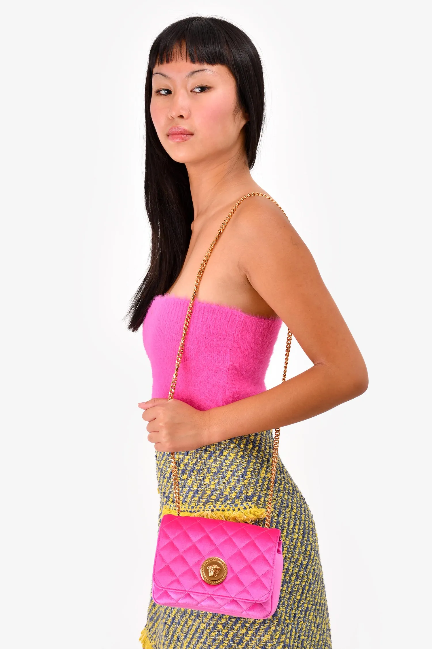Versace Pink Quilted Velvet Chain Crossbody
