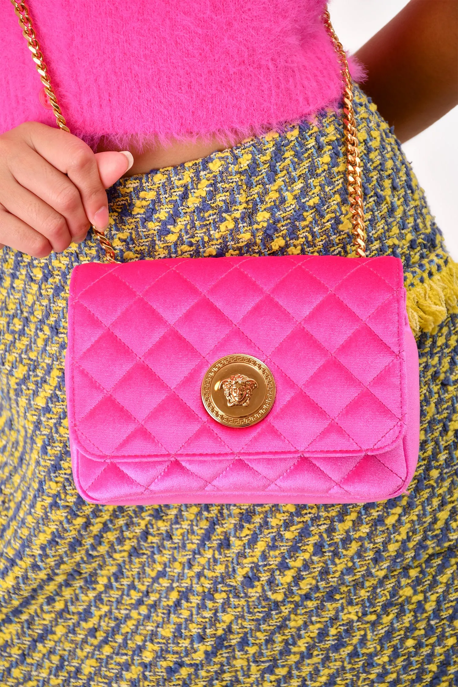 Versace Pink Quilted Velvet Chain Crossbody