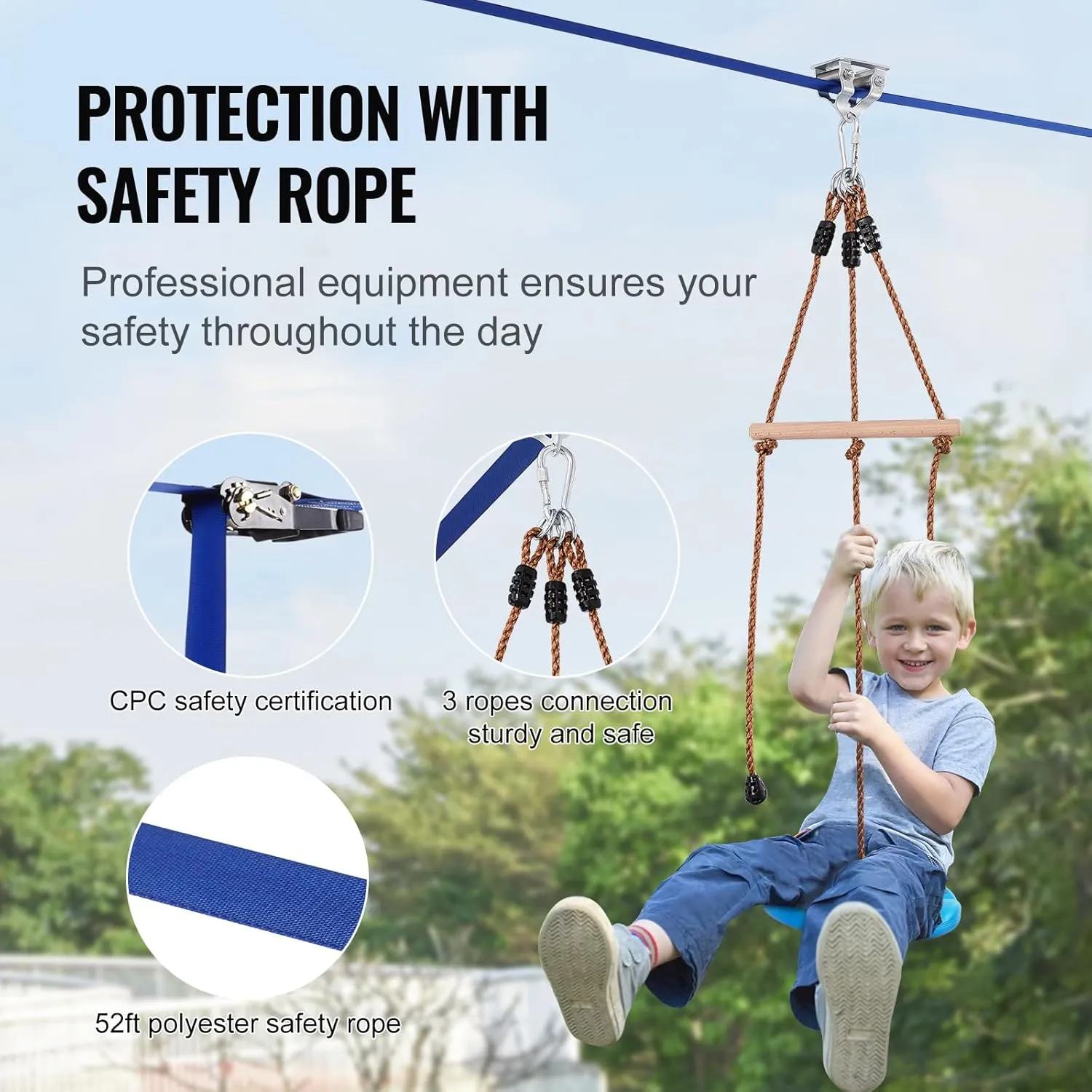VEVOR Zipline Kit for Kids and Adult, 52 ft Zip Line Kits Up to 330 lb, Backyard Outdoor Quick Setup Zipline, Playground Entertainment with Zipline, Nylon Safety Harness, Seat, and Handlebar