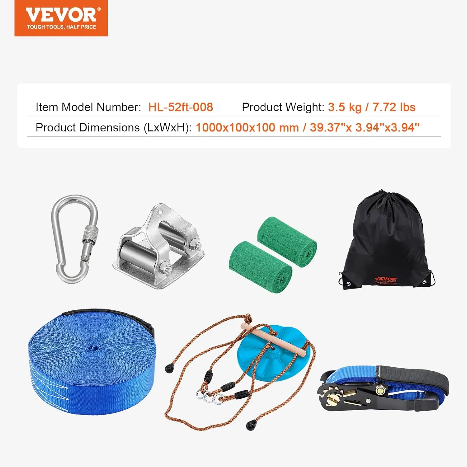VEVOR Zipline Kit for Kids and Adult, 52 ft Zip Line Kits Up to 330 lb, Backyard Outdoor Quick Setup Zipline, Playground Entertainment with Zipline, Nylon Safety Harness, Seat, and Handlebar
