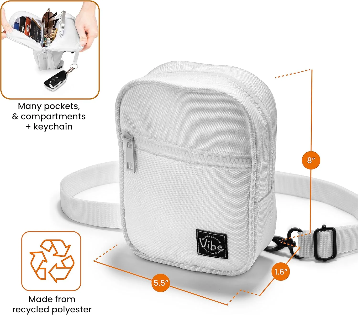 Vibe Festival Gear Small Crossbody Sling Bag for Women Men 5in1 Multi-Use from (rPET) Recycled Polyester Belt Bag Cross Body Backpack Fanny Pack Purse - White