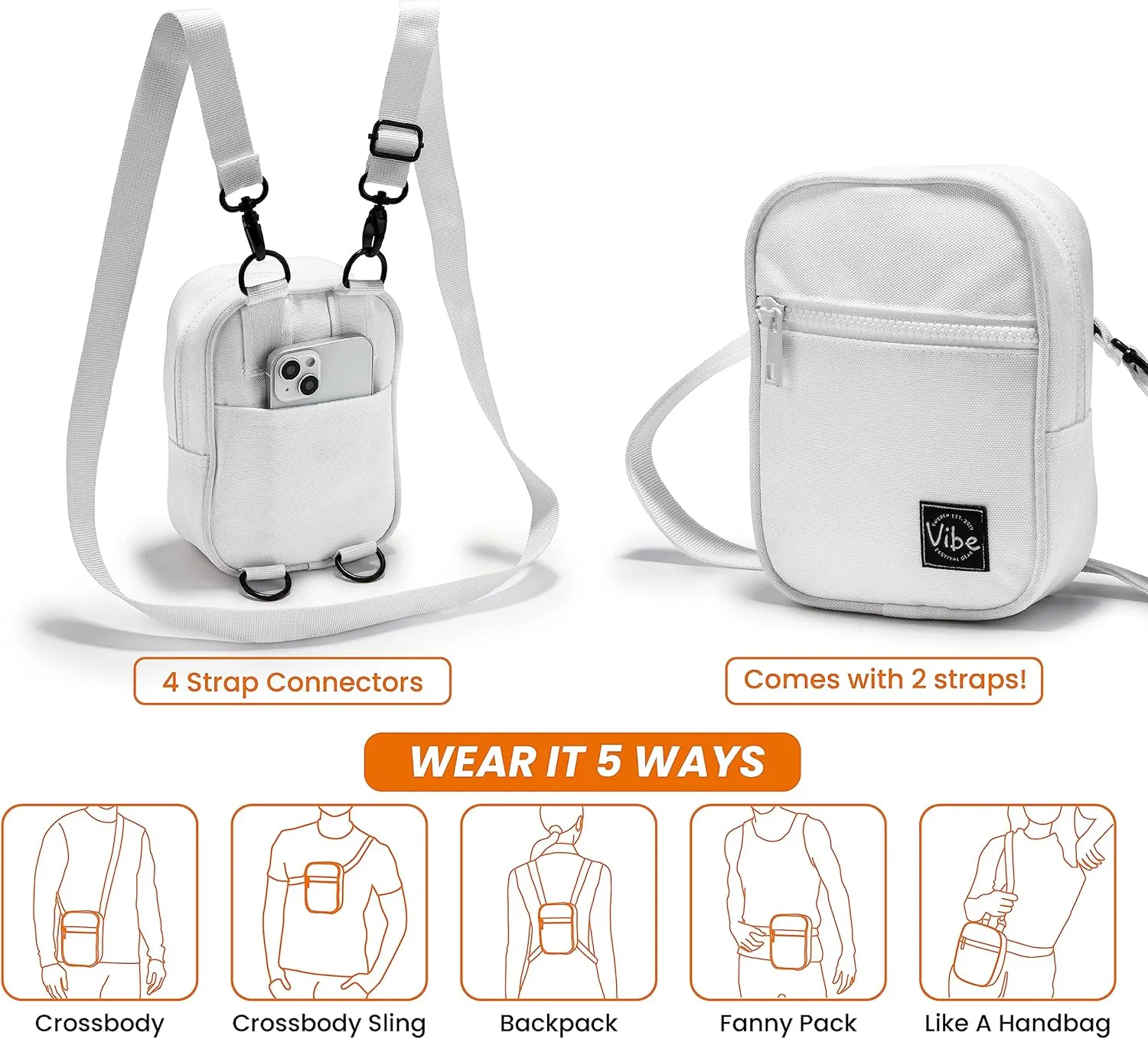 Vibe Festival Gear Small Crossbody Sling Bag for Women Men 5in1 Multi-Use from (rPET) Recycled Polyester Belt Bag Cross Body Backpack Fanny Pack Purse - White