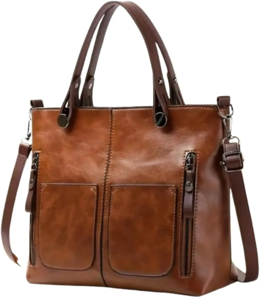 Vintage Style Leather Tote Bag, Large Capacity Shoulder Handbag with Dual Front Pockets, Brown
