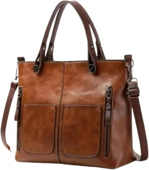 Vintage Style Leather Tote Bag, Large Capacity Shoulder Handbag with Dual Front Pockets, Brown