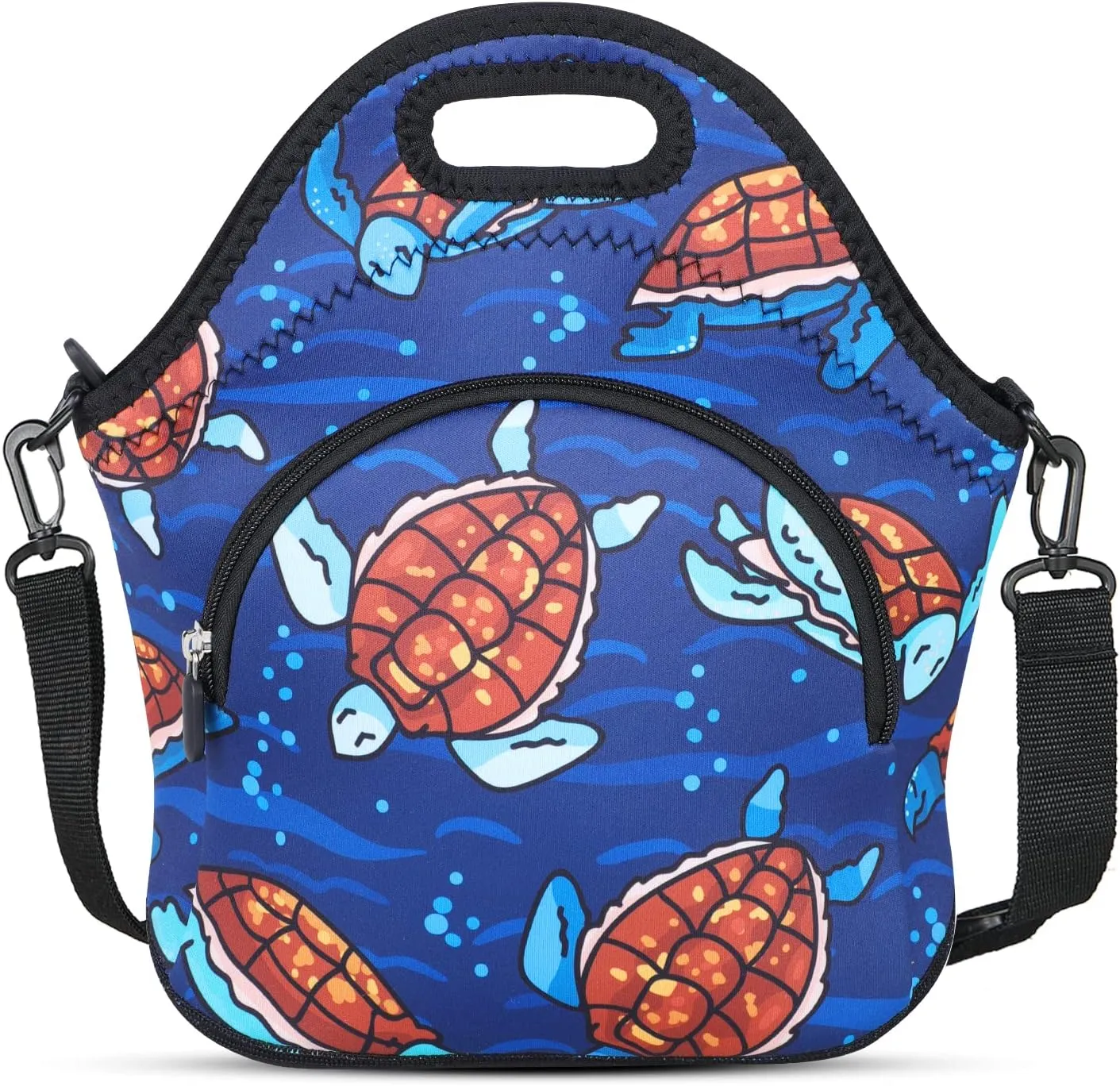 Violet Mist Neoprene Lunch Bag Reusable Insulated Lunch Box with Adjustable Shoulder Strap&Pocket for Women,Men,Adults,Cute Cartoon Turtle Snack Bags Anime Animal Work Picnic Travel Tote Food Handbags