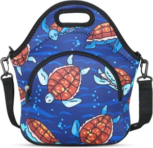Violet Mist Neoprene Lunch Bag Reusable Insulated Lunch Box with Adjustable Shoulder Strap&Pocket for Women,Men,Adults,Cute Cartoon Turtle Snack Bags Anime Animal Work Picnic Travel Tote Food Handbags