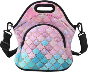 Violet Mist Womens Insulated Lunch Bag Cute Neoprene Insulated Lunch Bag Tote Unicorn Mermaid Cartoon Pink Food Handbags Large with Extra Pocket Detachable Adjustable Shoulder Lunch box for Women Lady