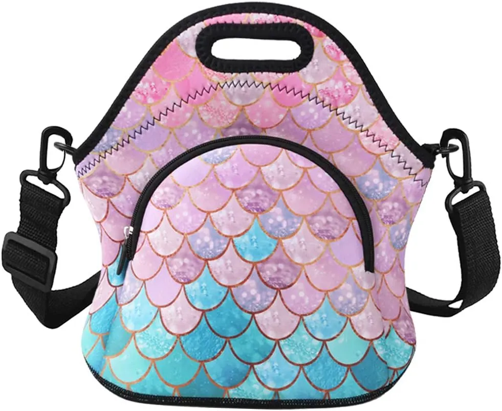 Violet Mist Womens Insulated Lunch Bag Cute Neoprene Insulated Lunch Bag Tote Unicorn Mermaid Cartoon Pink Food Handbags Large with Extra Pocket Detachable Adjustable Shoulder Lunch box for Women Lady
