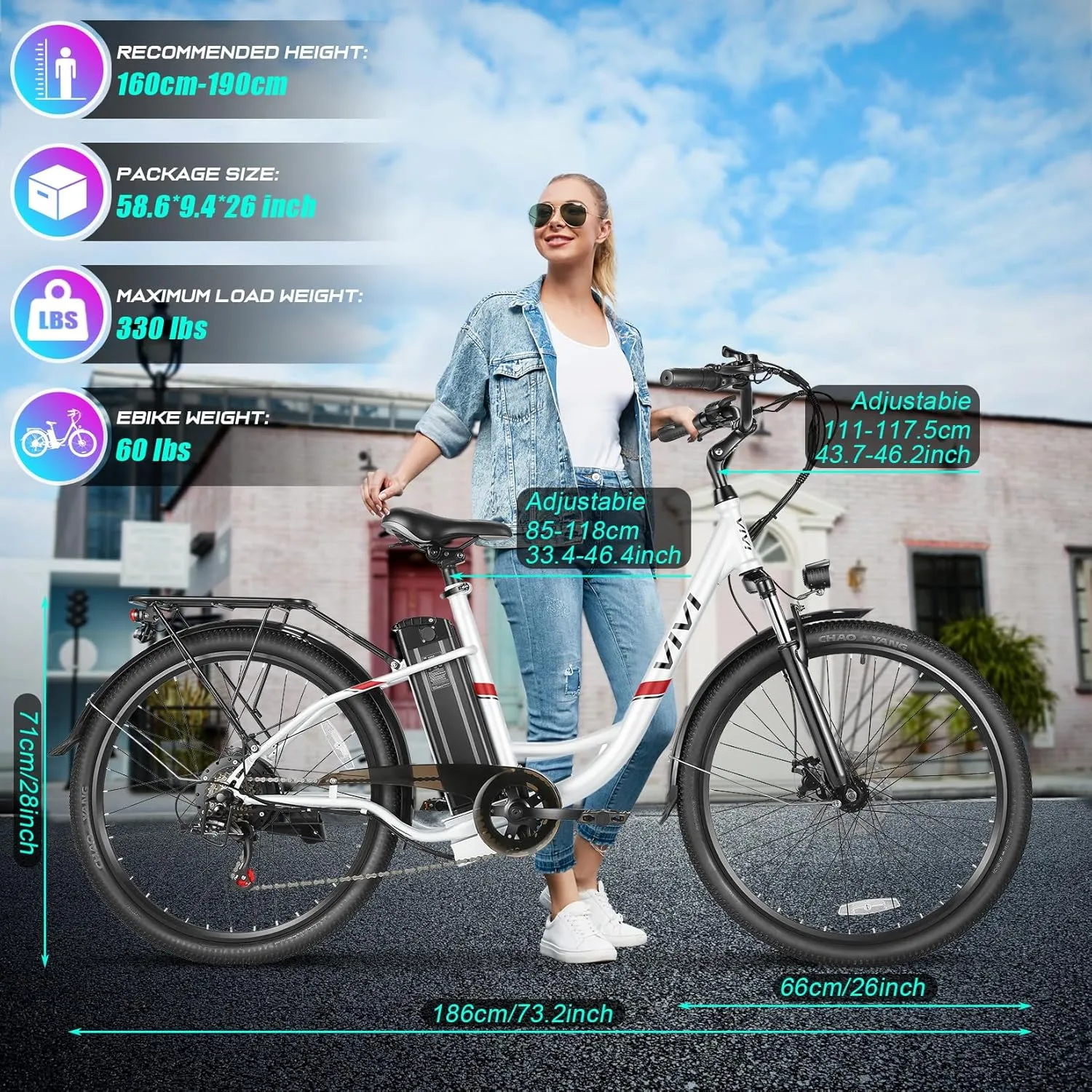 Vivi Electric Bike for Adults 750W Peak Ebike with Removable Battery, 26'' Electric Commuter Bike 22MPH & 50 Miles Adult Electric Bicycles with Cruise Control, LCD Display, UL 2849 Certified
