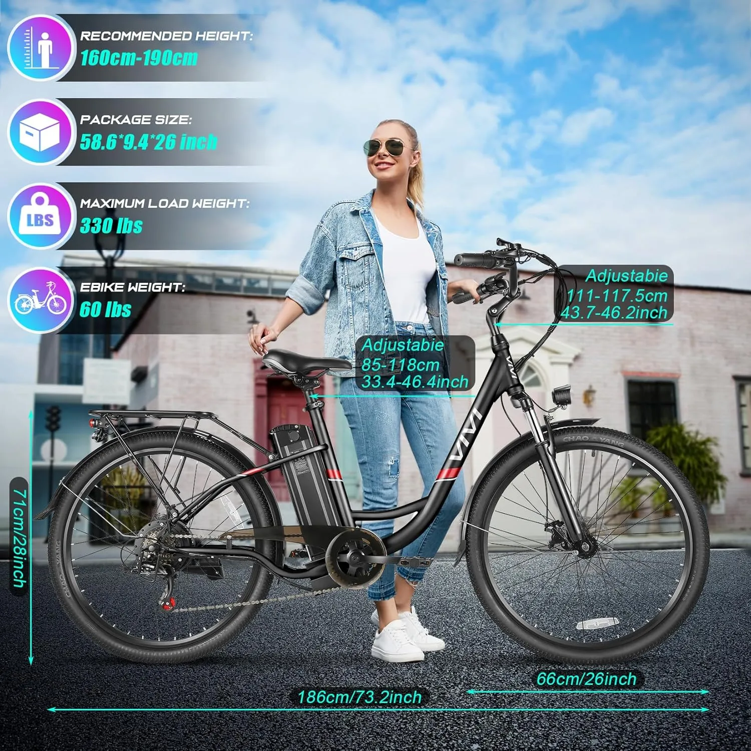 Vivi Electric Bike for Adults 750W Peak Ebike with Removable Battery, 26'' Electric Commuter Bike 22MPH & 50 Miles Adult Electric Bicycles with Cruise Control, LCD Display, UL 2849 Certified