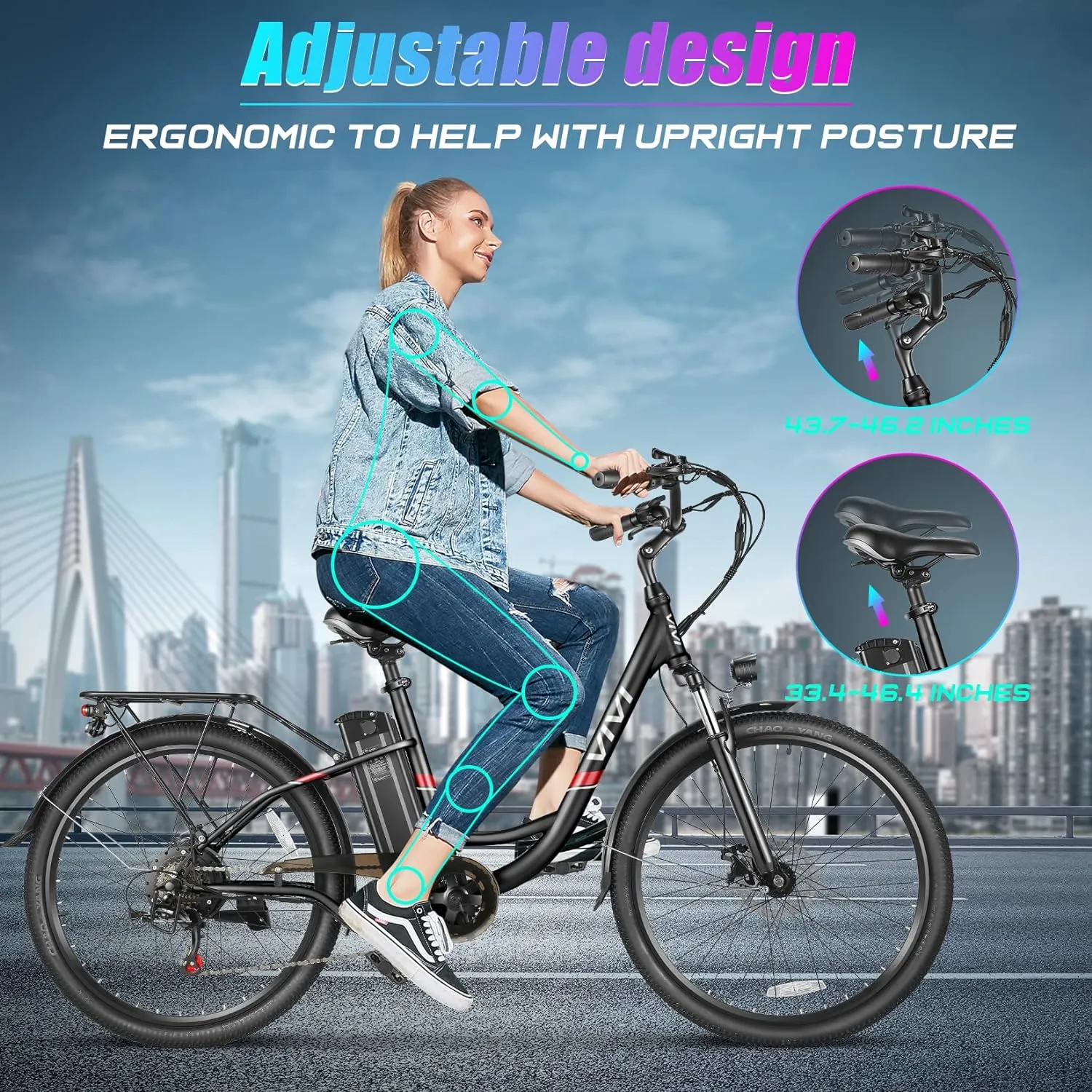 Vivi Electric Bike for Adults 750W Peak Ebike with Removable Battery, 26'' Electric Commuter Bike 22MPH & 50 Miles Adult Electric Bicycles with Cruise Control, LCD Display, UL 2849 Certified