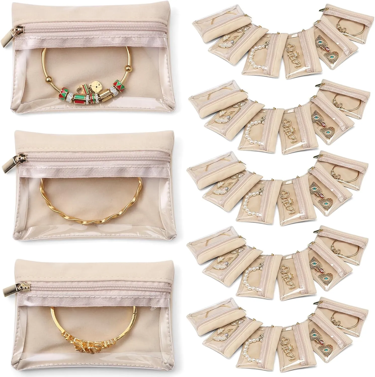 Vlando Travel Jewelry Bags,Jewelry Pouch Bag, Clear velvet zipper pockets Jewelry Storage Bag Organizer Case for Traveling Women Girl Gift 33Pcs