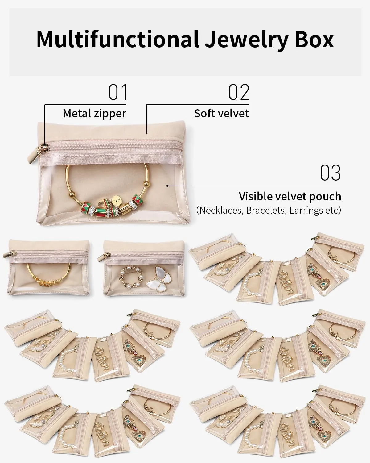 Vlando Travel Jewelry Bags,Jewelry Pouch Bag, Clear velvet zipper pockets Jewelry Storage Bag Organizer Case for Traveling Women Girl Gift 33Pcs