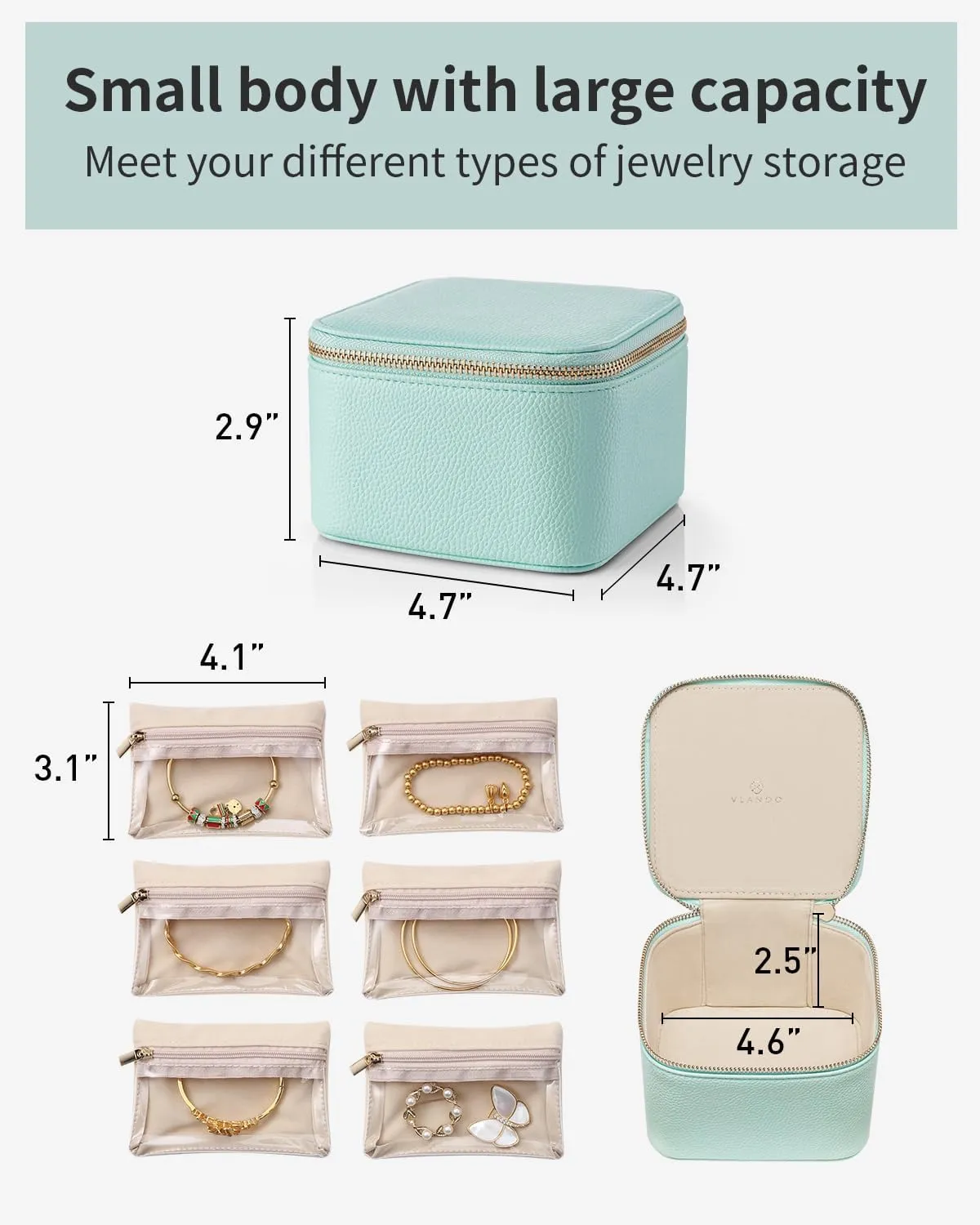 Vlando Travel Jewelry Box,Jewelry Travel Case with 6 Velvet Jewelry Zipper Pockets Travel Jewelry Organizer for Ring Bracelet Christmas Wedding Birthday Gifts for Wife Daughter Lake Blue