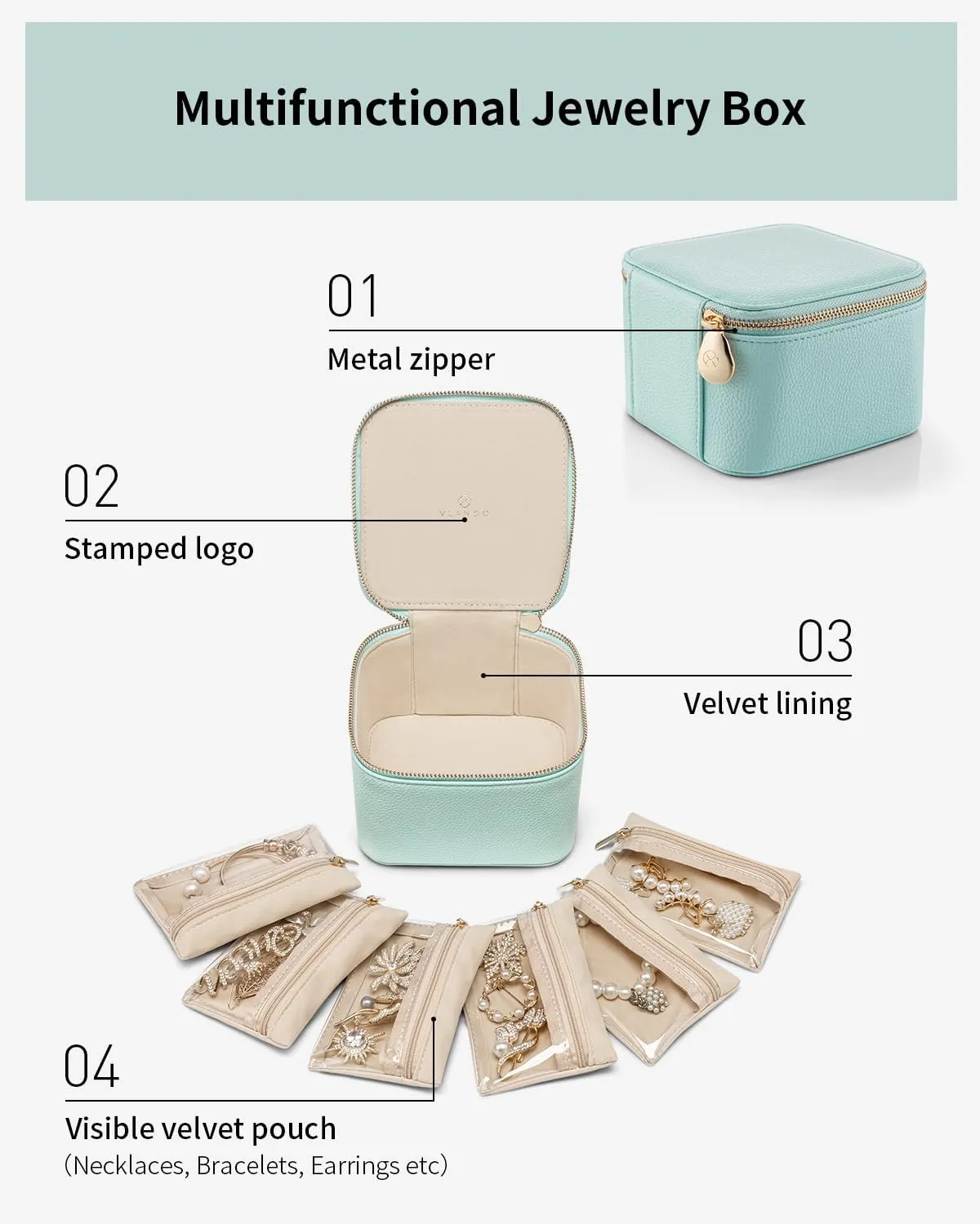 Vlando Travel Jewelry Box,Jewelry Travel Case with 6 Velvet Jewelry Zipper Pockets Travel Jewelry Organizer for Ring Bracelet Christmas Wedding Birthday Gifts for Wife Daughter Lake Blue