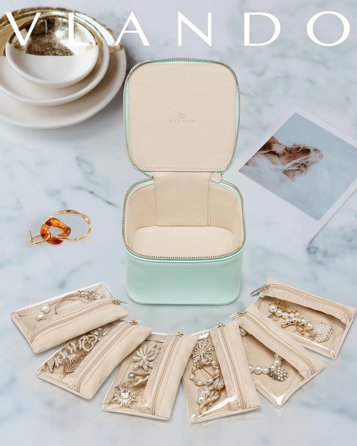 Vlando Travel Jewelry Box,Jewelry Travel Case with 6 Velvet Jewelry Zipper Pockets Travel Jewelry Organizer for Ring Bracelet Christmas Wedding Birthday Gifts for Wife Daughter Lake Blue
