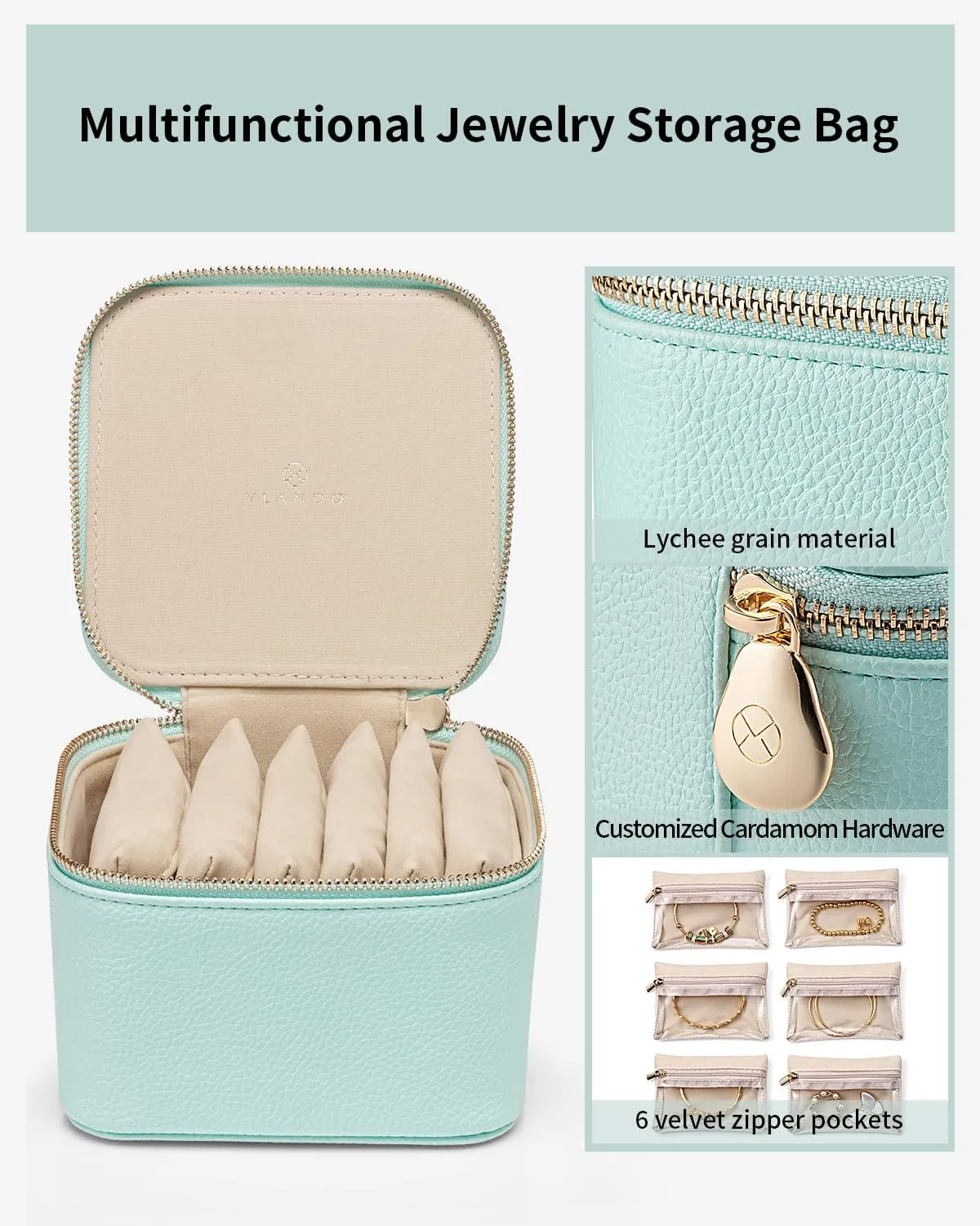 Vlando Travel Jewelry Box,Jewelry Travel Case with 6 Velvet Jewelry Zipper Pockets Travel Jewelry Organizer for Ring Bracelet Christmas Wedding Birthday Gifts for Wife Daughter Lake Blue