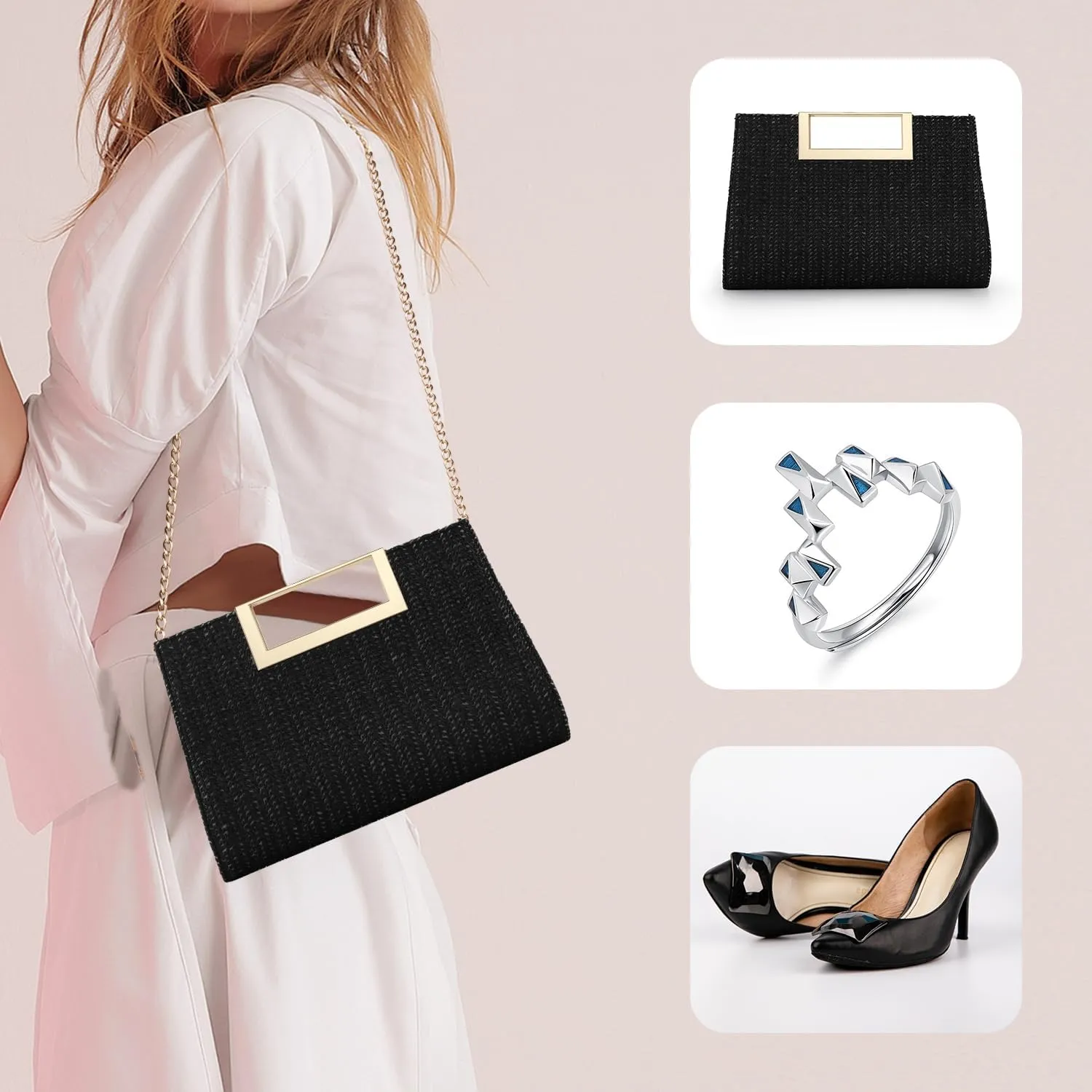 WALLYN'S Clutch Purse for Women PU Leather/Straw Evening Party Metal Grip Cut it out Handbag with Shoulder Chain Strap