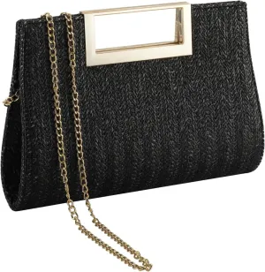 WALLYN'S Clutch Purse for Women PU Leather/Straw Evening Party Metal Grip Cut it out Handbag with Shoulder Chain Strap