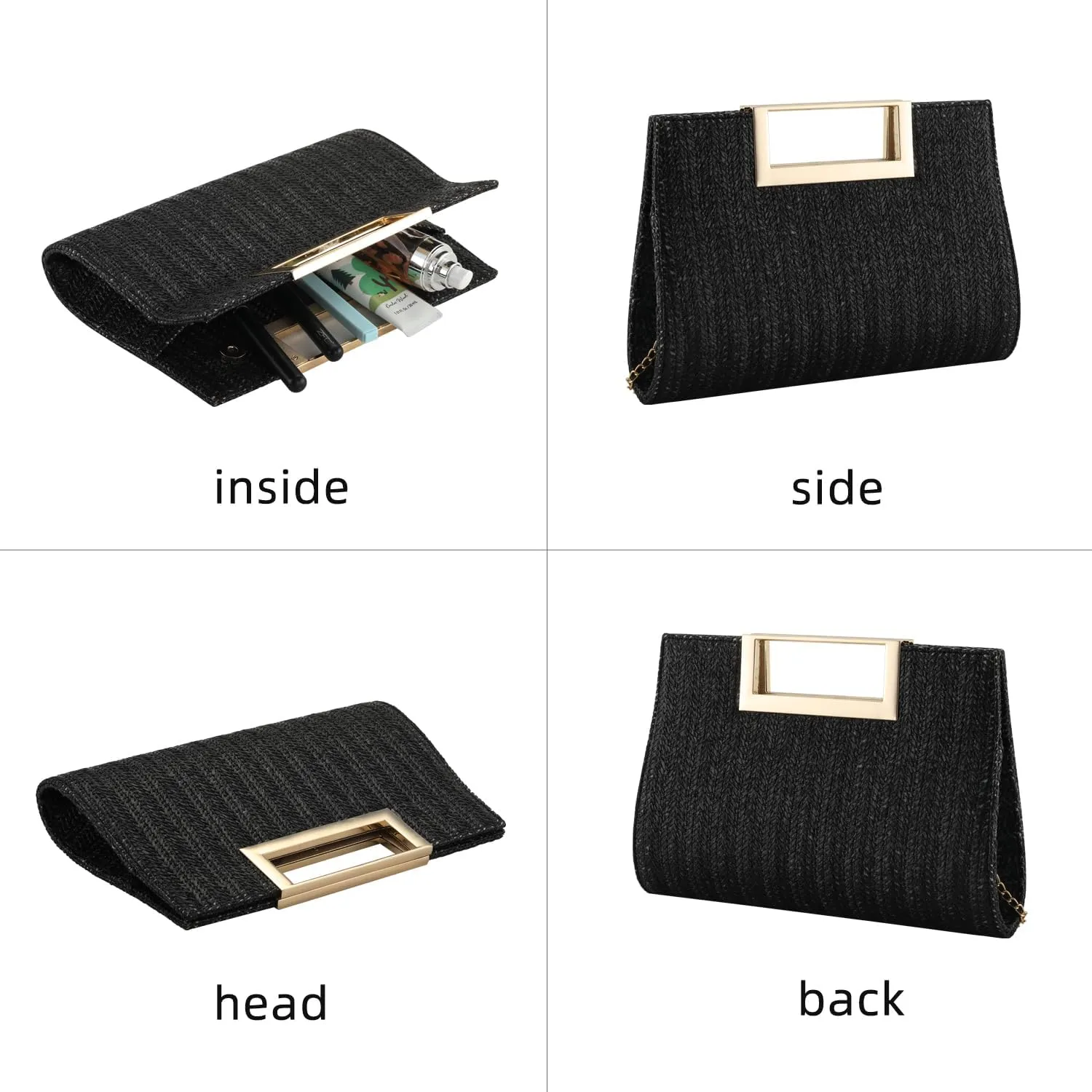 WALLYN'S Clutch Purse for Women PU Leather/Straw Evening Party Metal Grip Cut it out Handbag with Shoulder Chain Strap