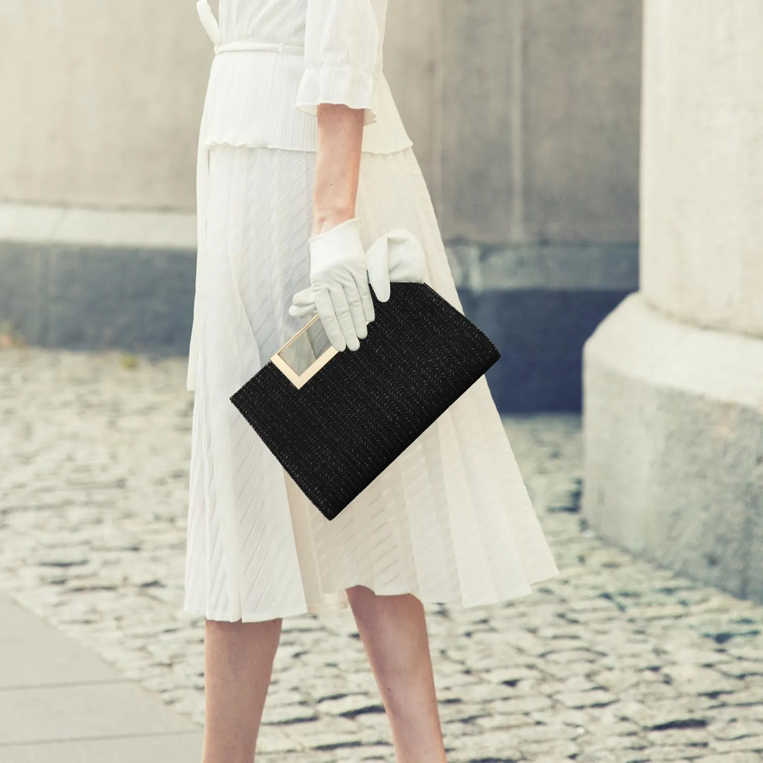 WALLYN'S Clutch Purse for Women PU Leather/Straw Evening Party Metal Grip Cut it out Handbag with Shoulder Chain Strap