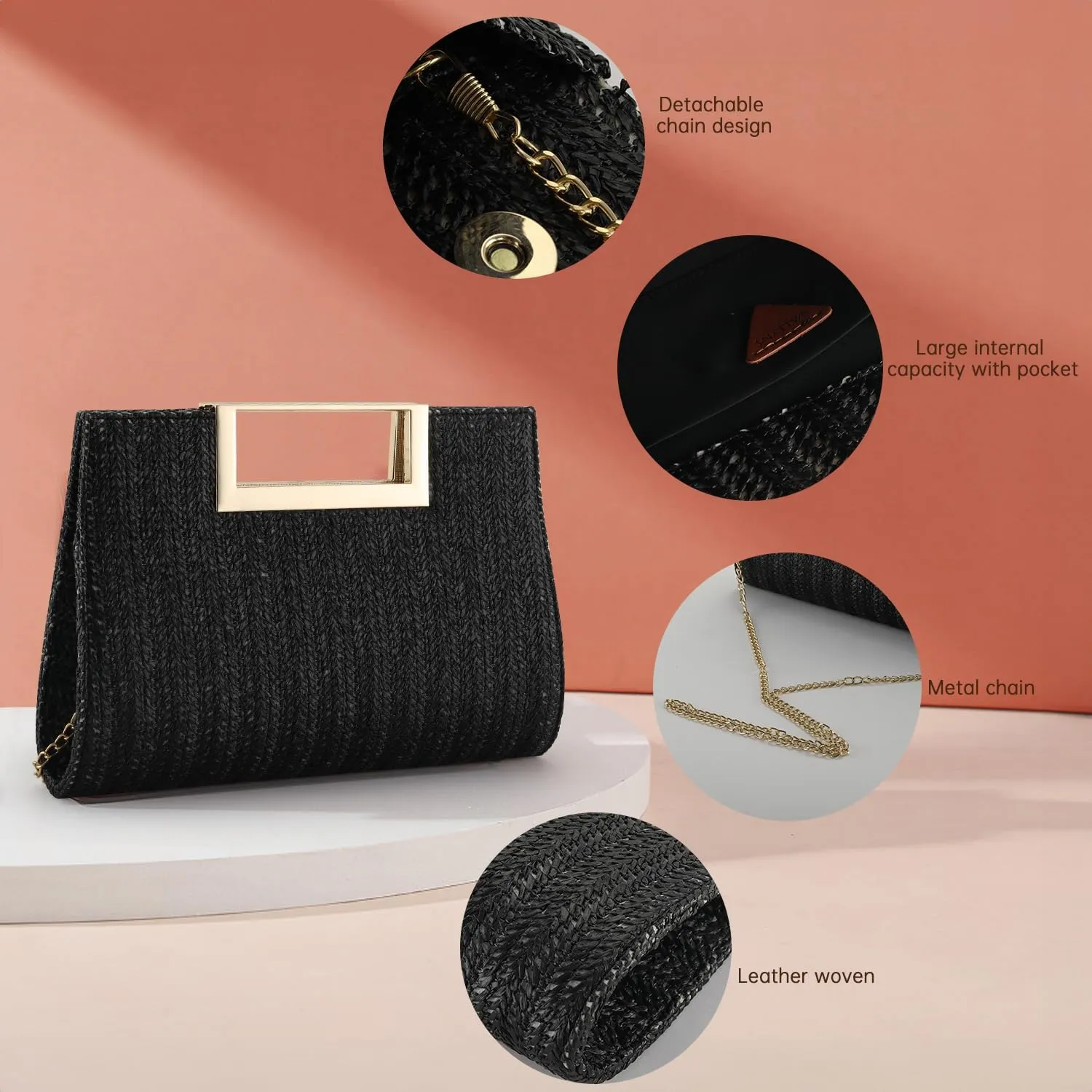 WALLYN'S Clutch Purse for Women PU Leather/Straw Evening Party Metal Grip Cut it out Handbag with Shoulder Chain Strap