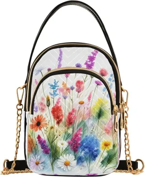 Watercolor Meadow Flowers White Multi Pockets Crossbody Bags for Women Zip Cell Phone Purse Wallet Bag with Detachable Shoulder Strap Cross Body Handbag for Shopping Traveling Women Girls Trendy Gift