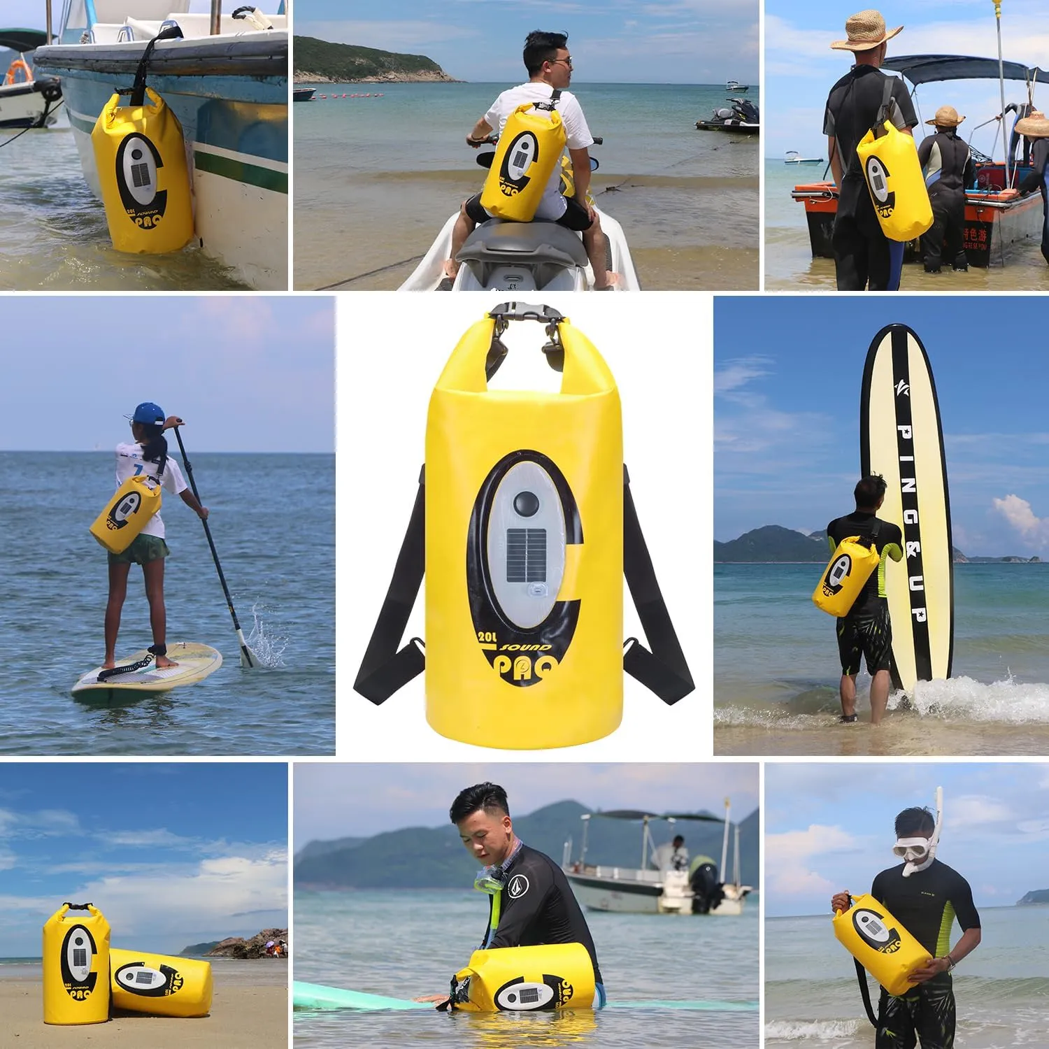 Waterproof 10L Dry Bags with Wireless Speaker Backpack for Fishing Hiking Floating,Solar Dry Storage Bag Built-in 2000mAh Battery and 5 Lighting Modes for Camping