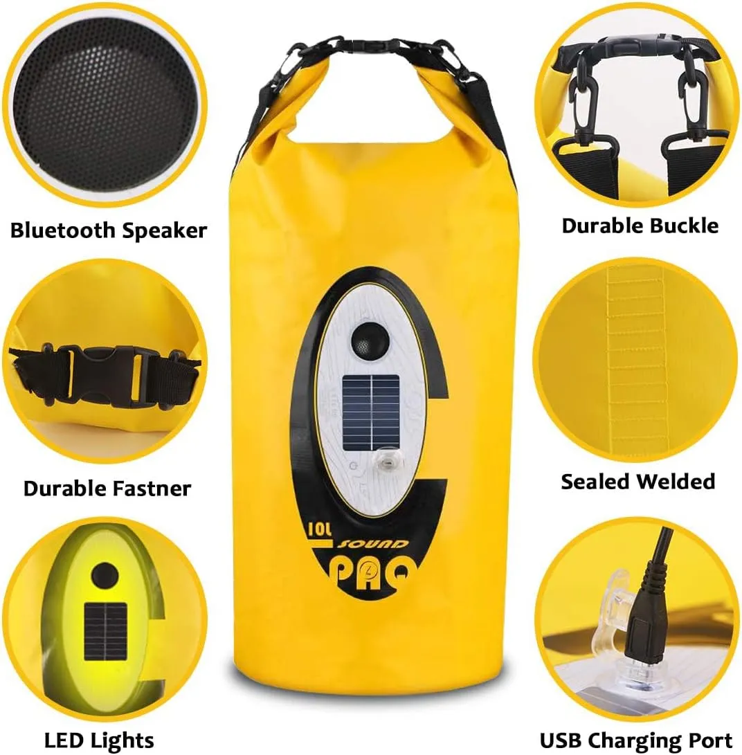 Waterproof 10L Dry Bags with Wireless Speaker Backpack for Fishing Hiking Floating,Solar Dry Storage Bag Built-in 2000mAh Battery and 5 Lighting Modes for Camping