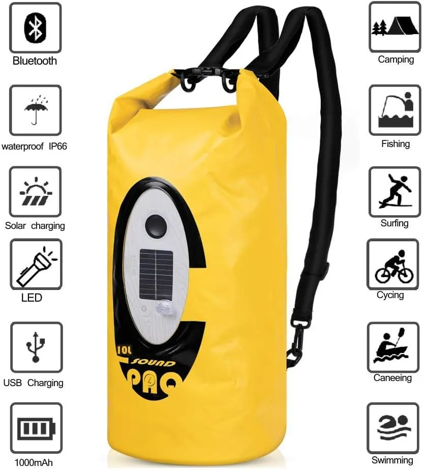 Waterproof 10L Dry Bags with Wireless Speaker Backpack for Fishing Hiking Floating,Solar Dry Storage Bag Built-in 2000mAh Battery and 5 Lighting Modes for Camping