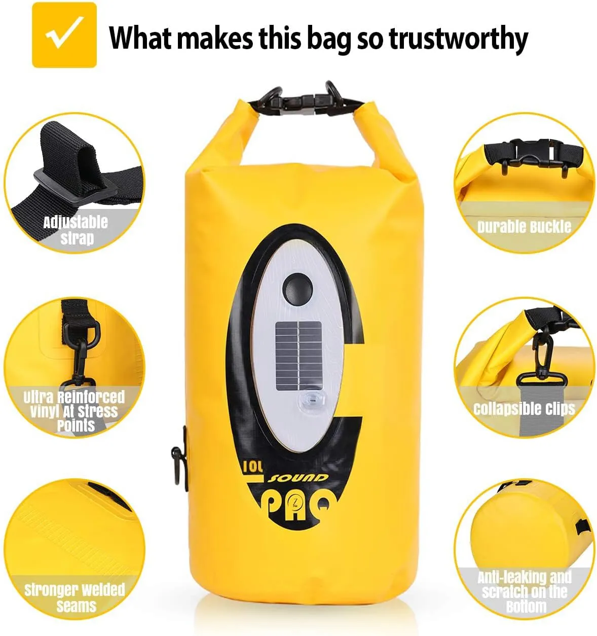Waterproof 10L Dry Bags with Wireless Speaker Backpack for Fishing Hiking Floating,Solar Dry Storage Bag Built-in 2000mAh Battery and 5 Lighting Modes for Camping