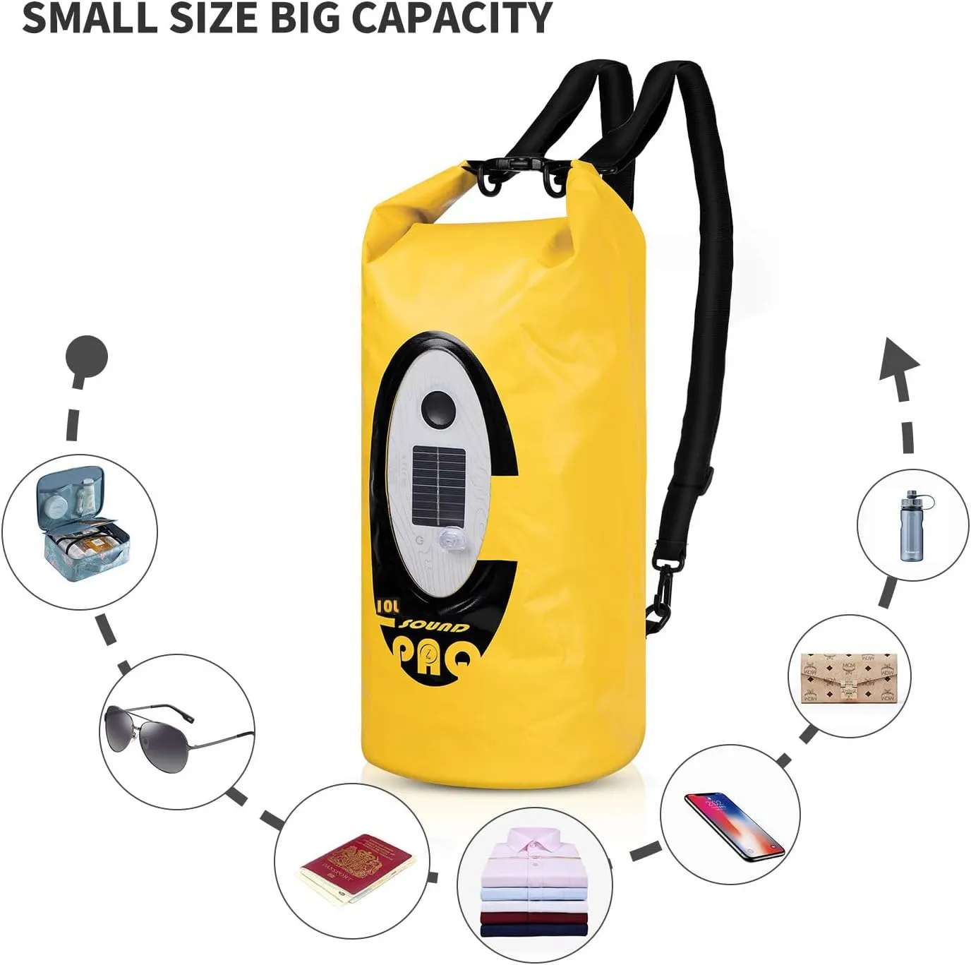 Waterproof 10L Dry Bags with Wireless Speaker Backpack for Fishing Hiking Floating,Solar Dry Storage Bag Built-in 2000mAh Battery and 5 Lighting Modes for Camping