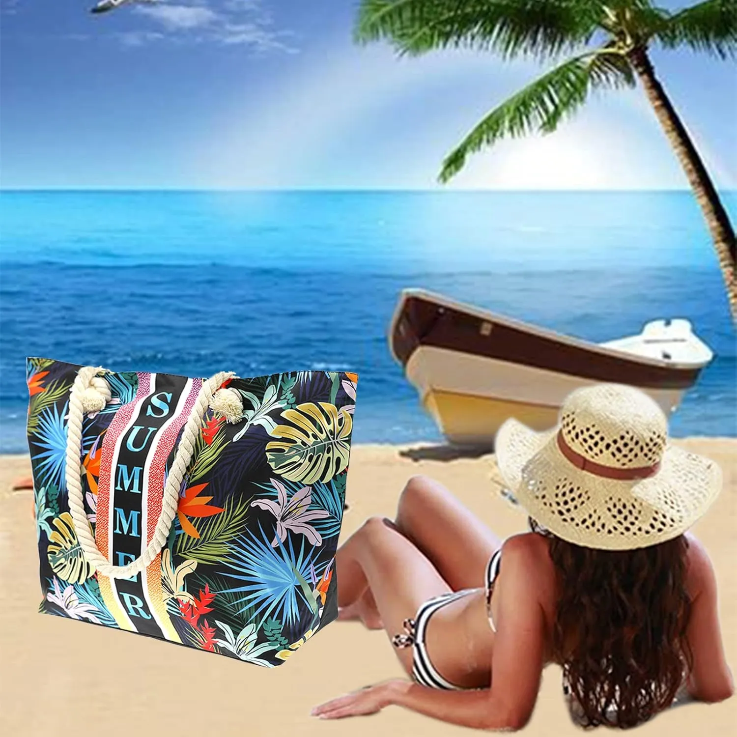 We We Large Beach Tote bag for Women Canvas Straw Tavel Tote Bag Waterproof Shoulder Bag Handbag for Gym Swim