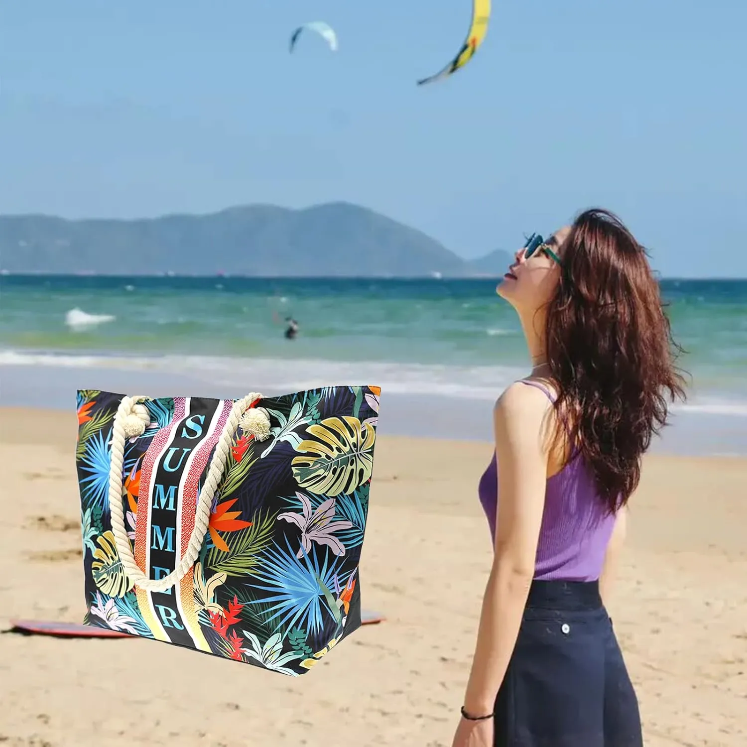 We We Large Beach Tote bag for Women Canvas Straw Tavel Tote Bag Waterproof Shoulder Bag Handbag for Gym Swim