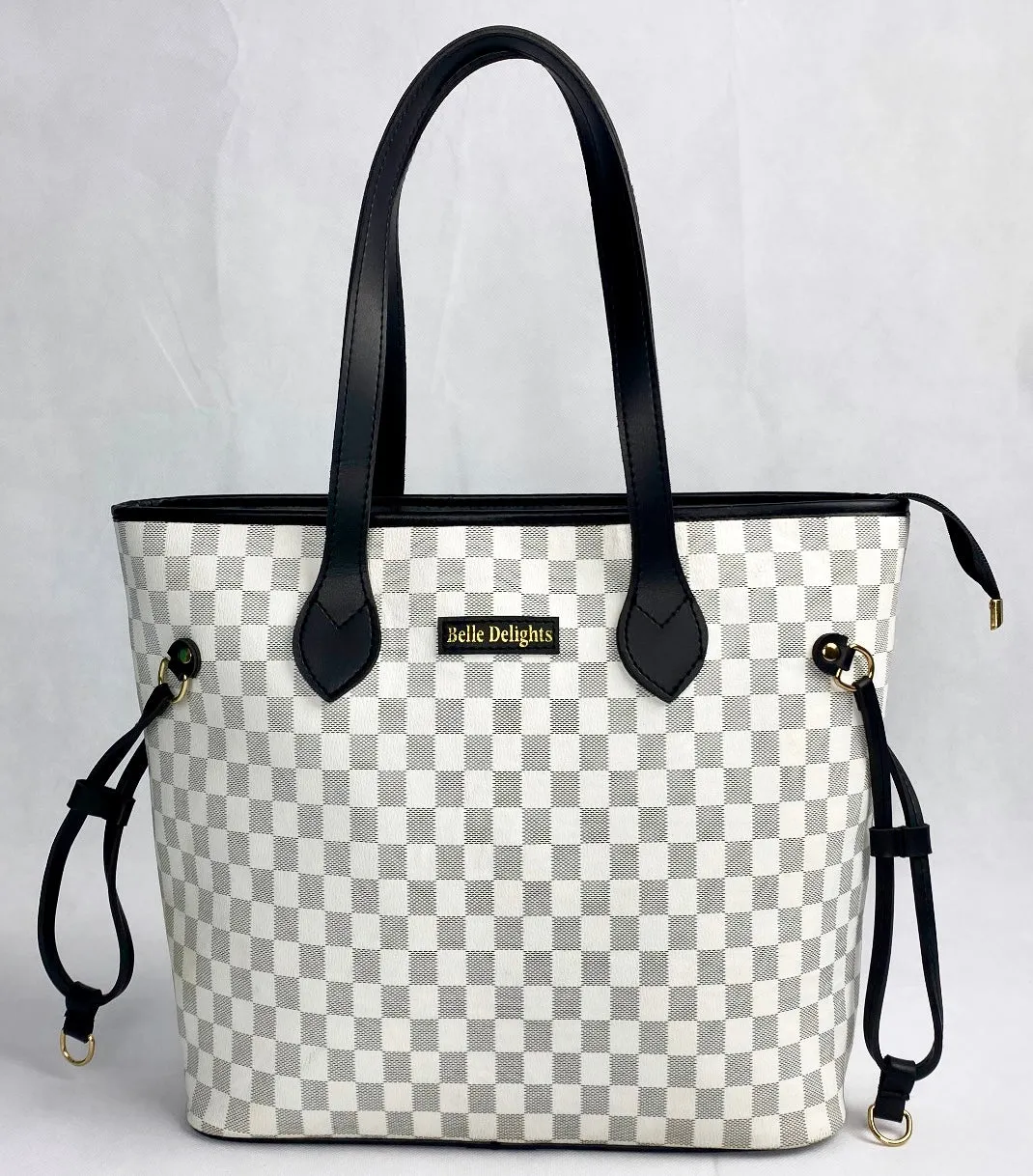 White Checkered Neverfull Tote Bag (Zip Closure)