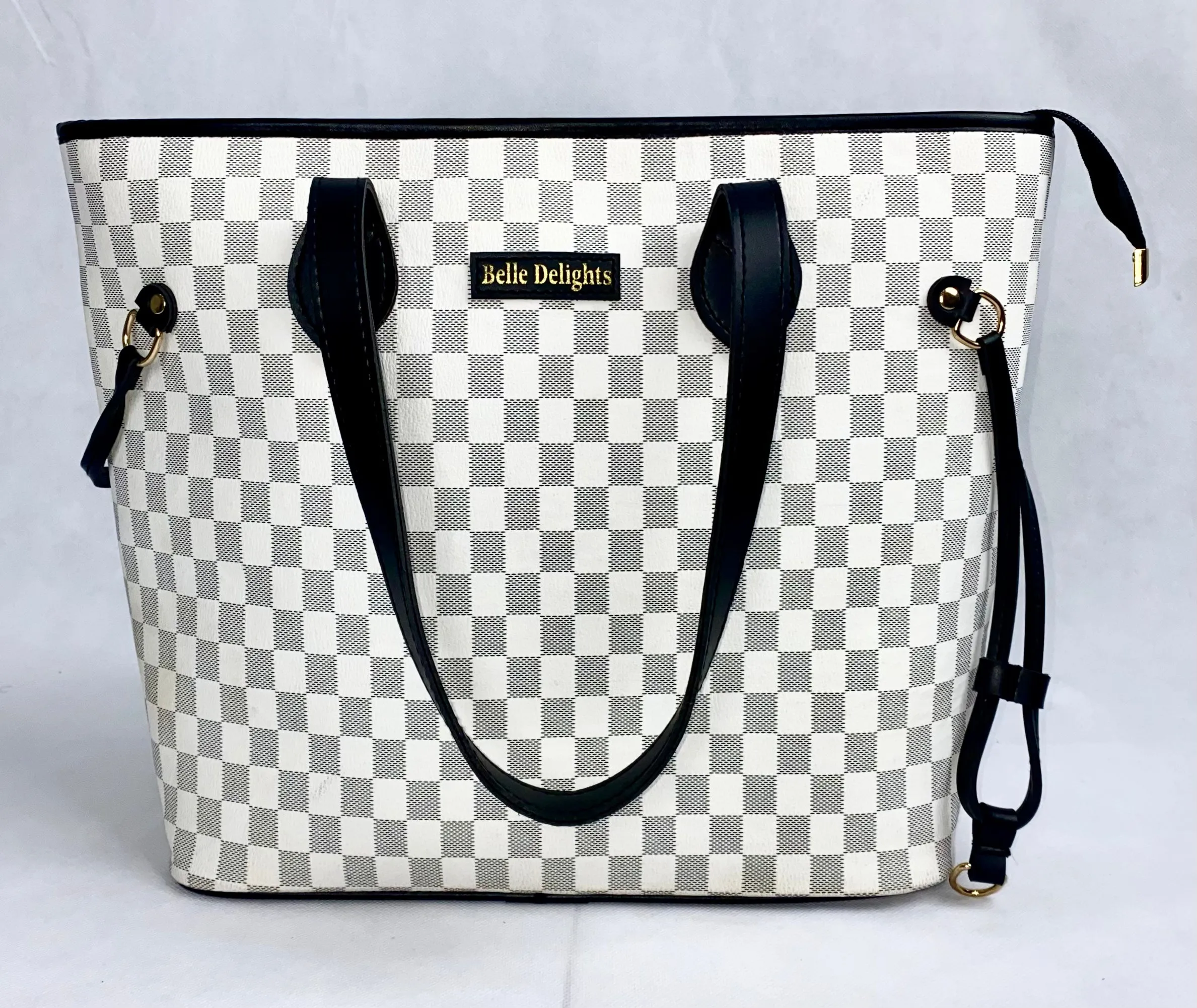 White Checkered Neverfull Tote Bag (Zip Closure)