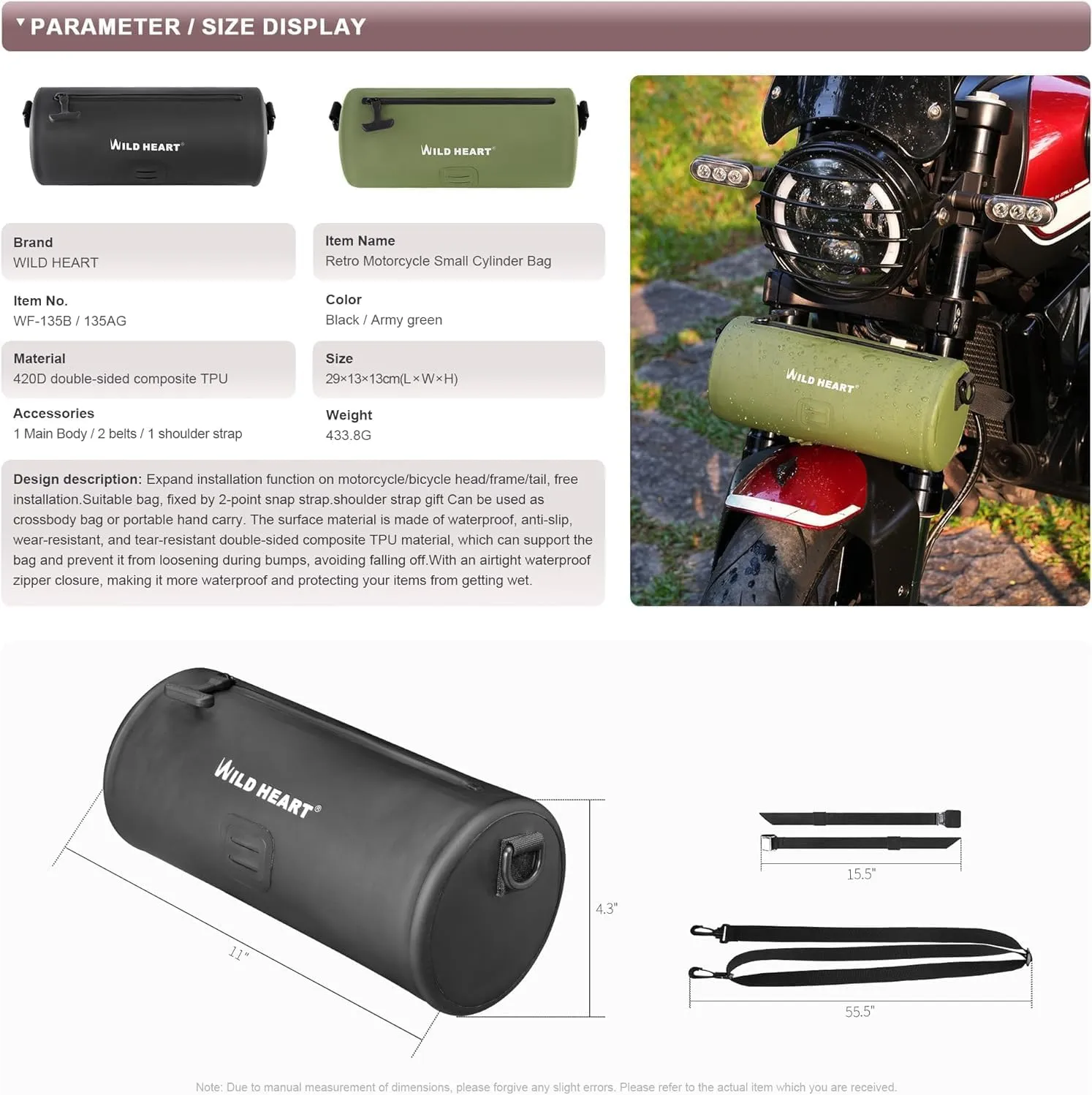 WILD HEART Motorcycle Handlebar Bag Waterproof Motorbike Fork Bag Dirt Bike Handle Bar Bag Universal Bicycle Front Bag Small Tool Bag with Shoulder Strap (Black)