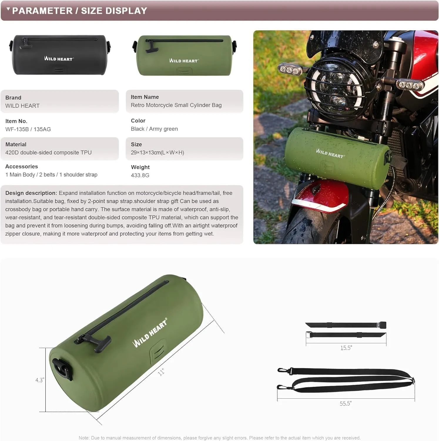 WILD HEART Motorcycle Handlebar Bag Waterproof Motorbike Fork Bag Dirt Bike Handle Bar Bag Universal Bicycle Front Bag Small Tool Bag with Shoulder Strap (Olive Green)
