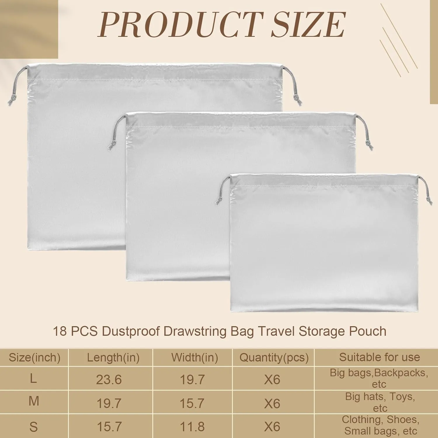Woanger 18 Pack Satin Dust Bags for Handbags Silk Dust Cover Bag 3 Size Storage pouches for Handbag Drawstring Storage Pouch
