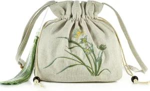 Women Chinese Hanfu Bag Floral Animal Embroidered Cloud Crossbody Drawstring Handbag Purse For Wedding Travel Daily