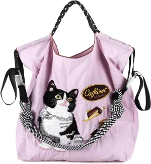 Women fashion handbag embroidered with nylon cat pattern handbag is a shopping bag for travel, beach birthday gifts