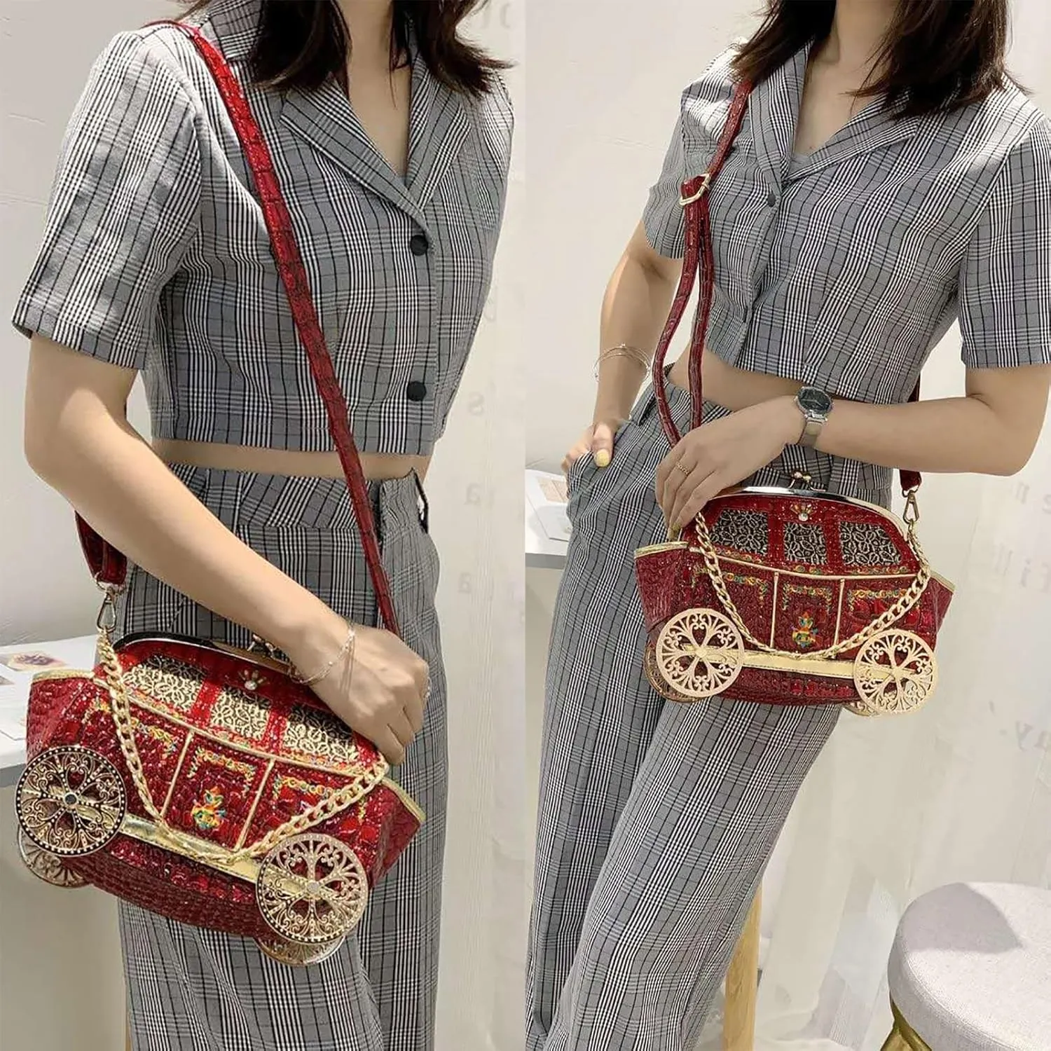 Women Fun Weird Car Shaped Crossbody Shoulder Bag Handbag PU Leather Unique Novelty Car Shaped Purse