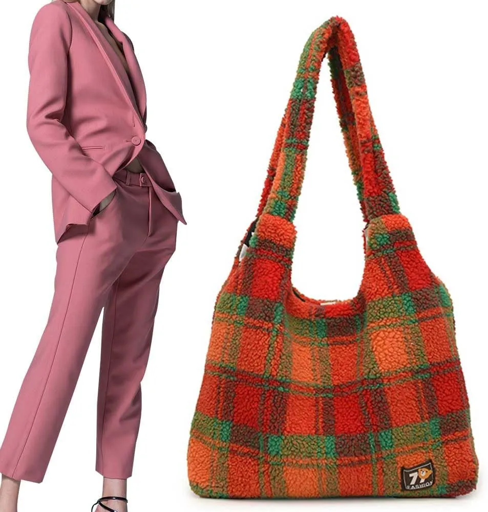 Women Large Tote Handbag Stylish Lamb Wool Shopping Dating Bag Retro Plush Shoulder Bag Underarm Bag​ Large Capaci