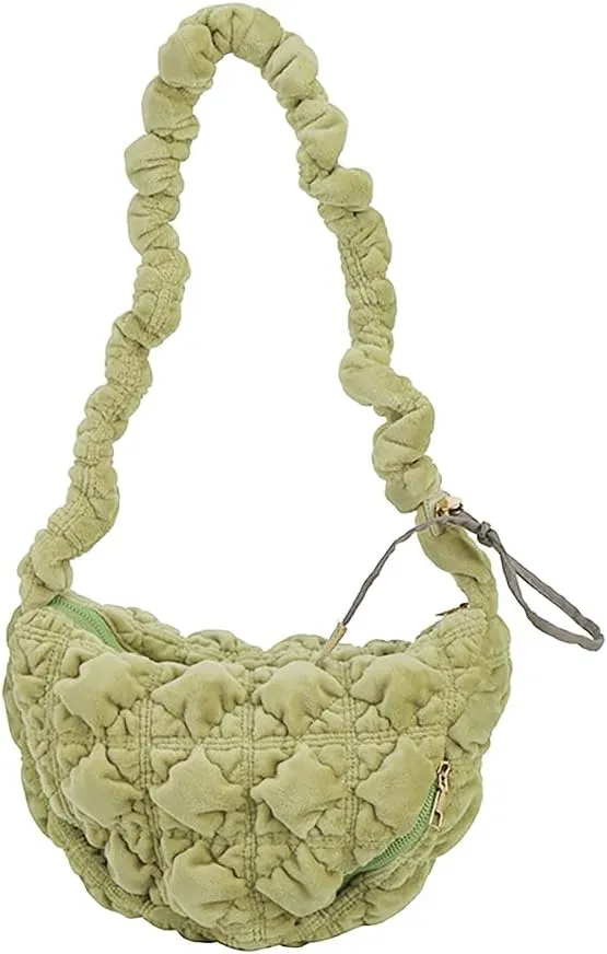 Women Lattice Quilted Shoulder Handbag Lightweight Puffy Tote Bag Velvet Pleated Underarm Purse Crossbody Bag