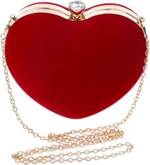 Women Mini Heart Shape Velvet Evening Clutch Handbag Top-handle Bag Chain Cross-body Bag Purse