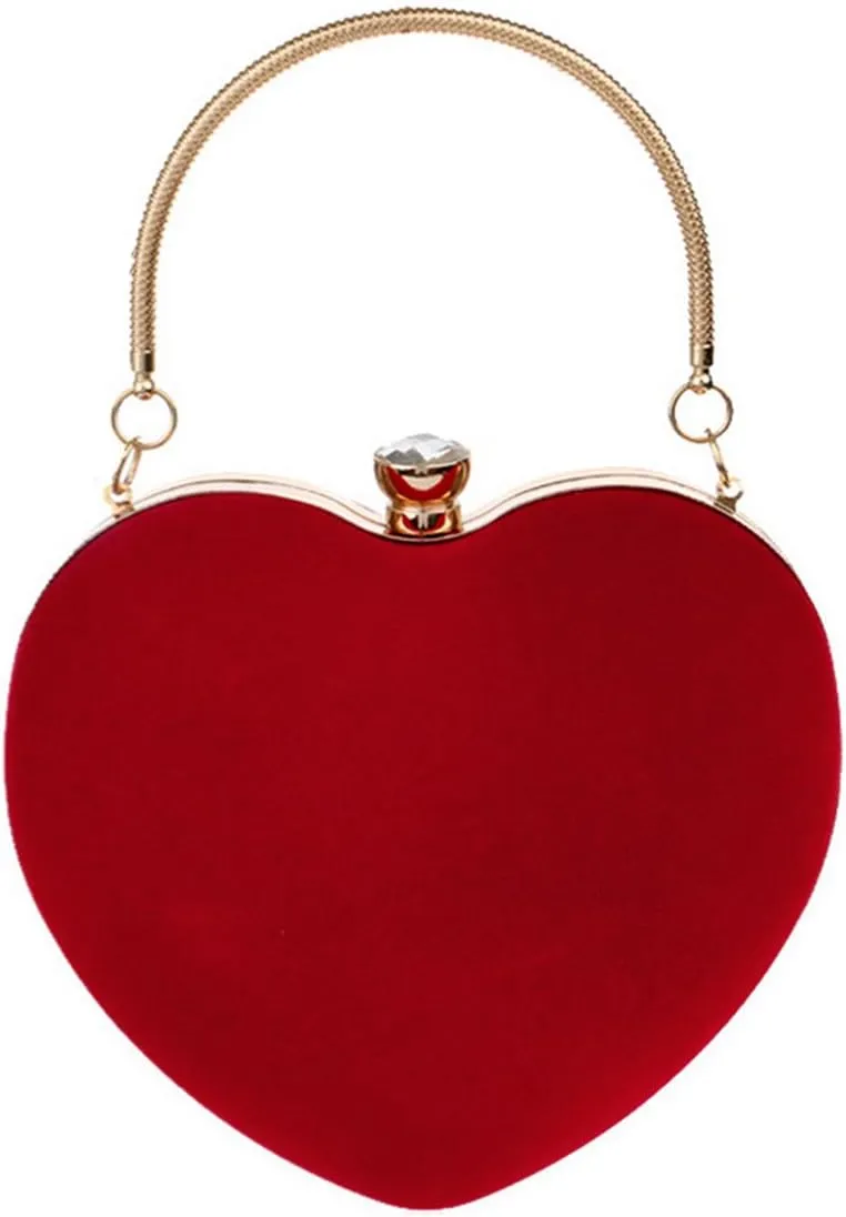 Women Mini Heart Shape Velvet Evening Clutch Handbag Top-handle Bag Chain Cross-body Bag Purse