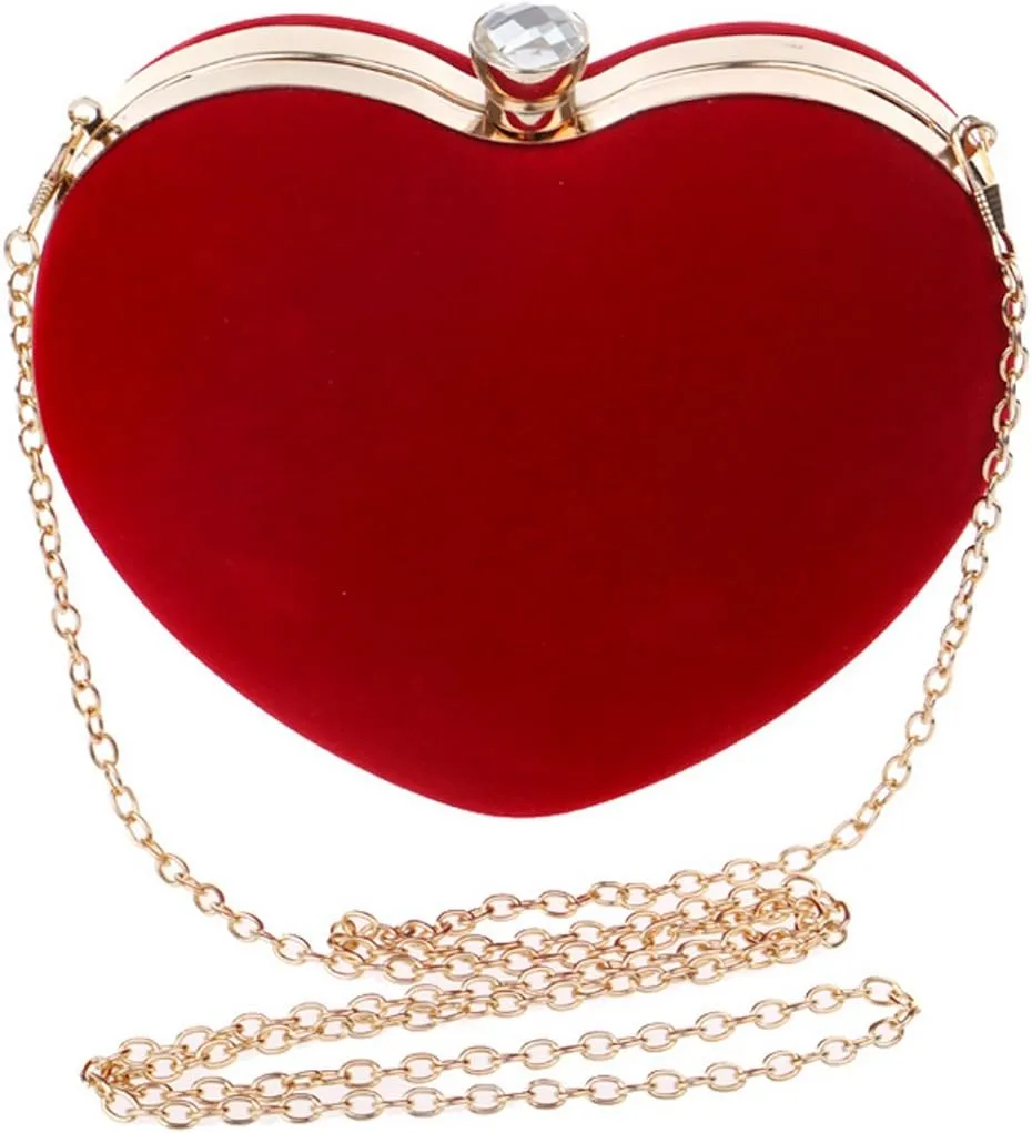 Women Mini Heart Shape Velvet Evening Clutch Handbag Top-handle Bag Chain Cross-body Bag Purse