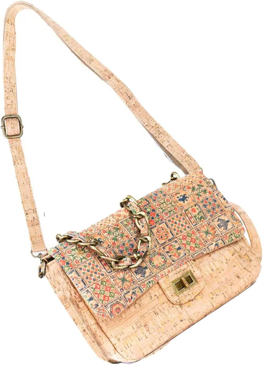 Women's Cork Crossbody Shoulder Bag with Chain Strap, Portuguese Tile Print, Natural Cork Material, 11W x 3.5D x 8H inches